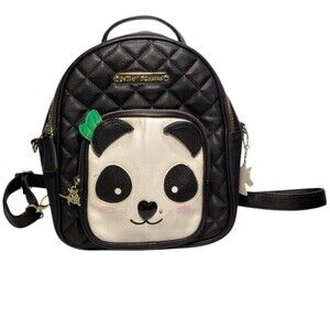 Betsey Johnson Small Childs Black White Backpack with Panda Face Pouch 11”
